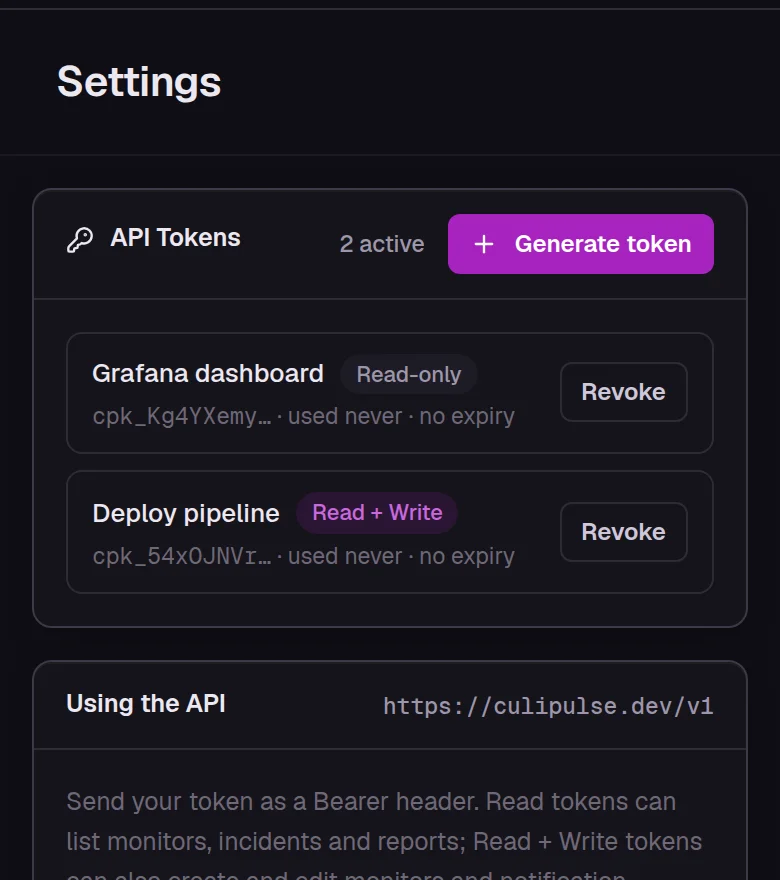 The real CuliPulse API tokens page on a phone