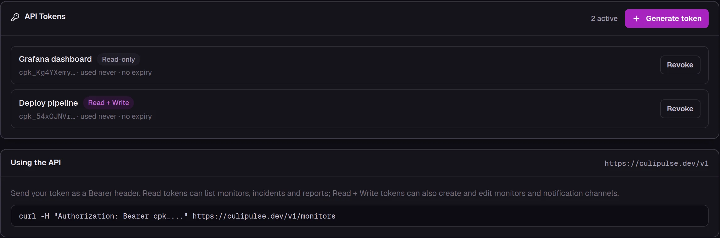 The real CuliPulse Settings page listing two API tokens (cpk_…), one read-only and one read and write
