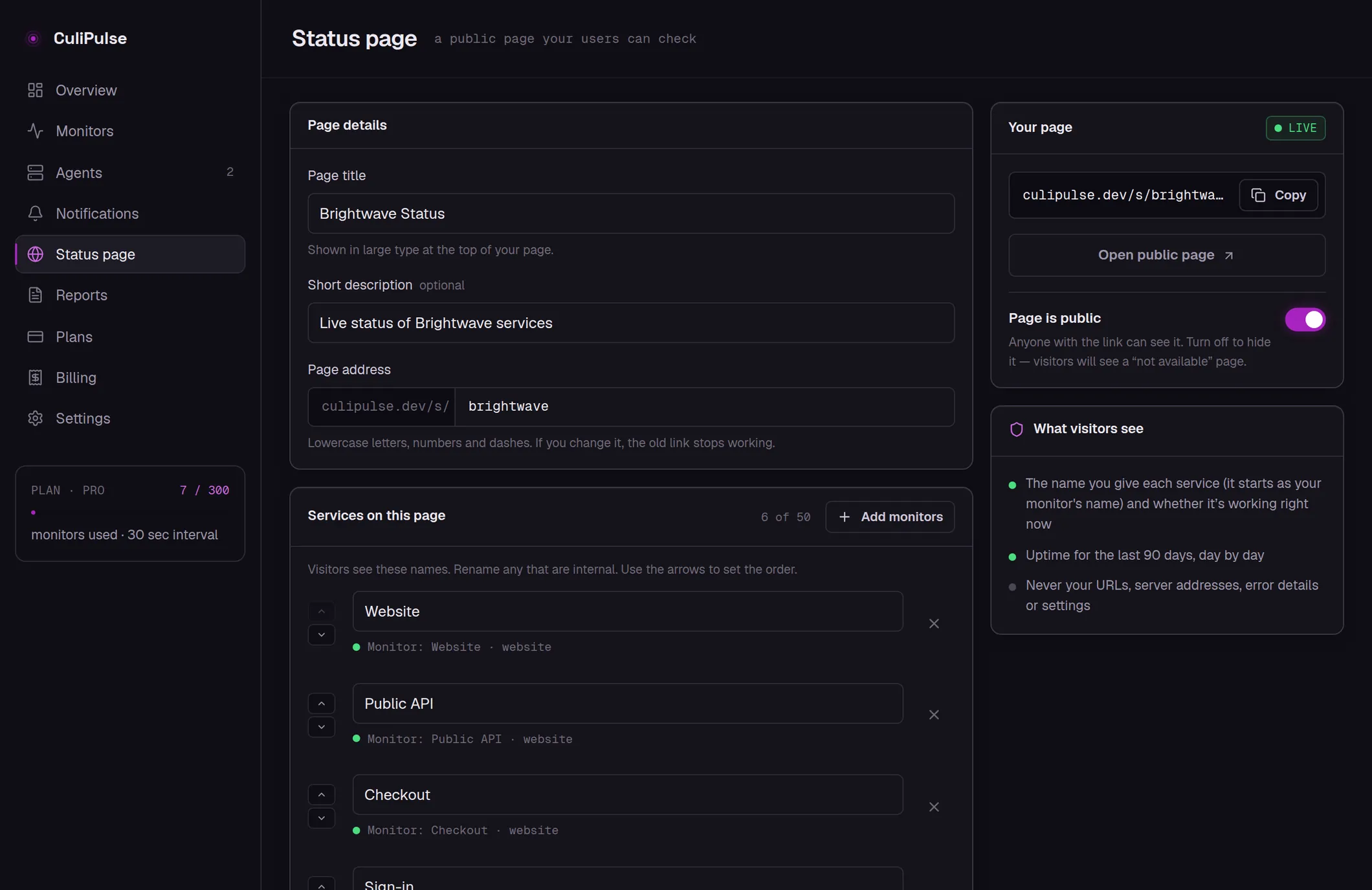 The real status page editor in the CuliPulse console: page details, the services on the page, the page link with a Live badge and the Page is public switch