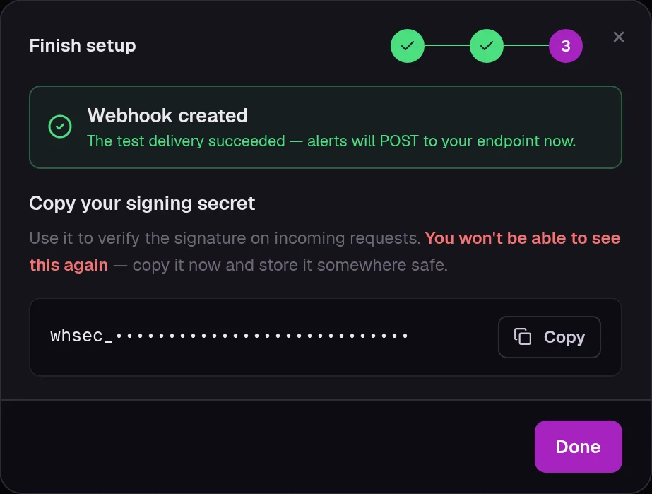 Real CuliPulse console: webhook created after a successful test delivery, with the signing secret shown once