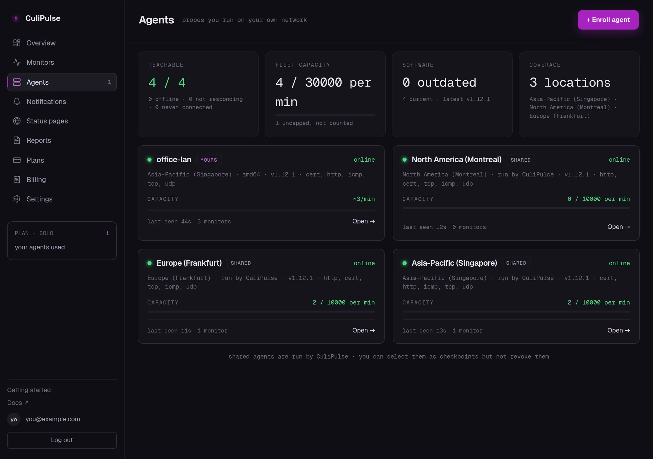 The real Agents page: a customer-run agent next to CuliPulse's shared agents, with the fleet summary above