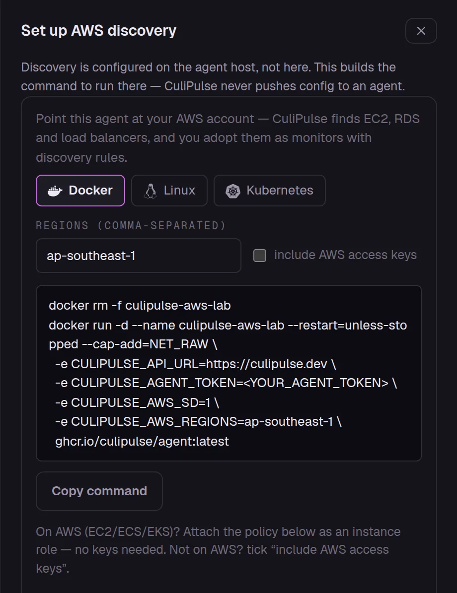 The real AWS discovery setup in the console: the command it builds for Docker