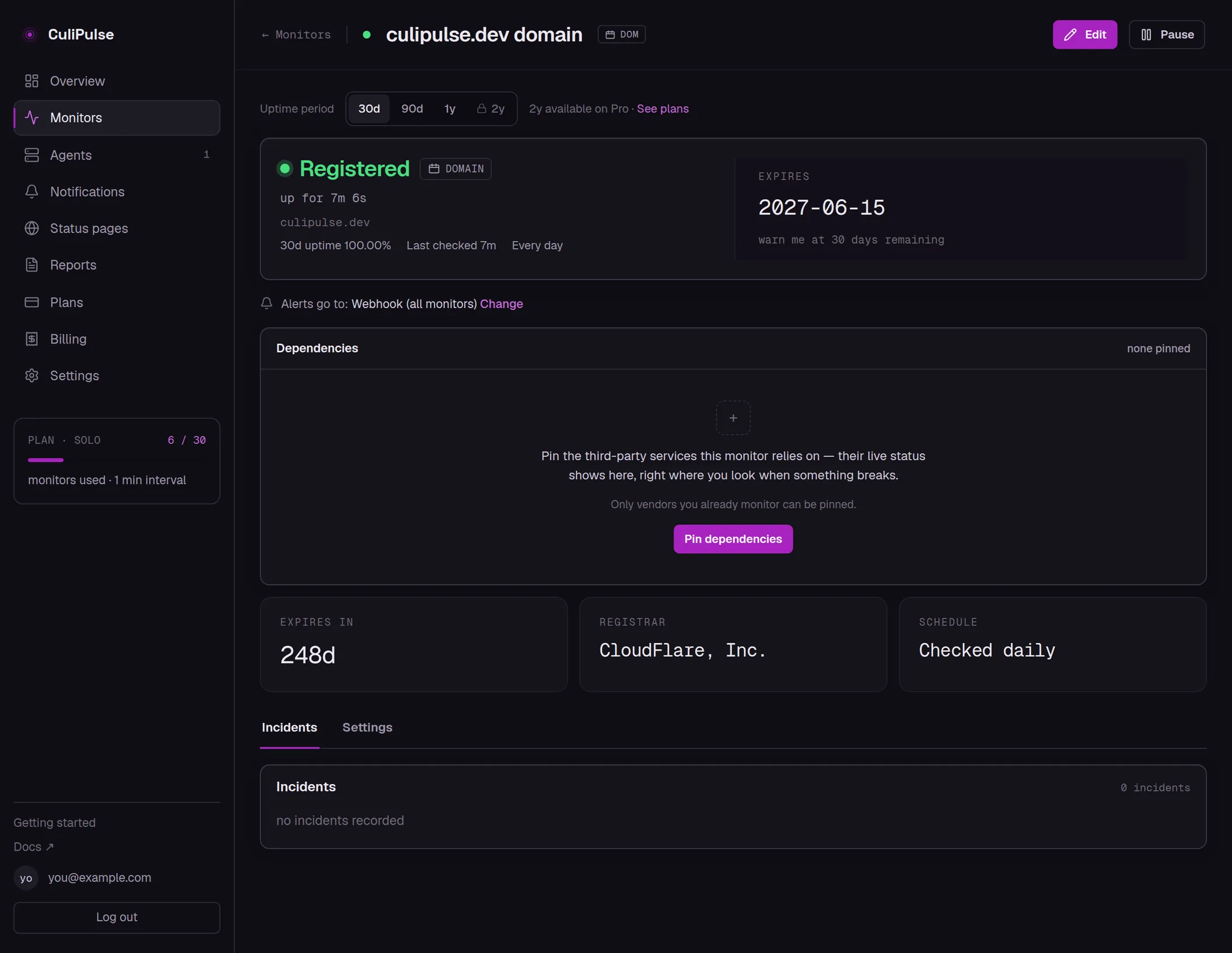 The real CuliPulse page for a domain monitor