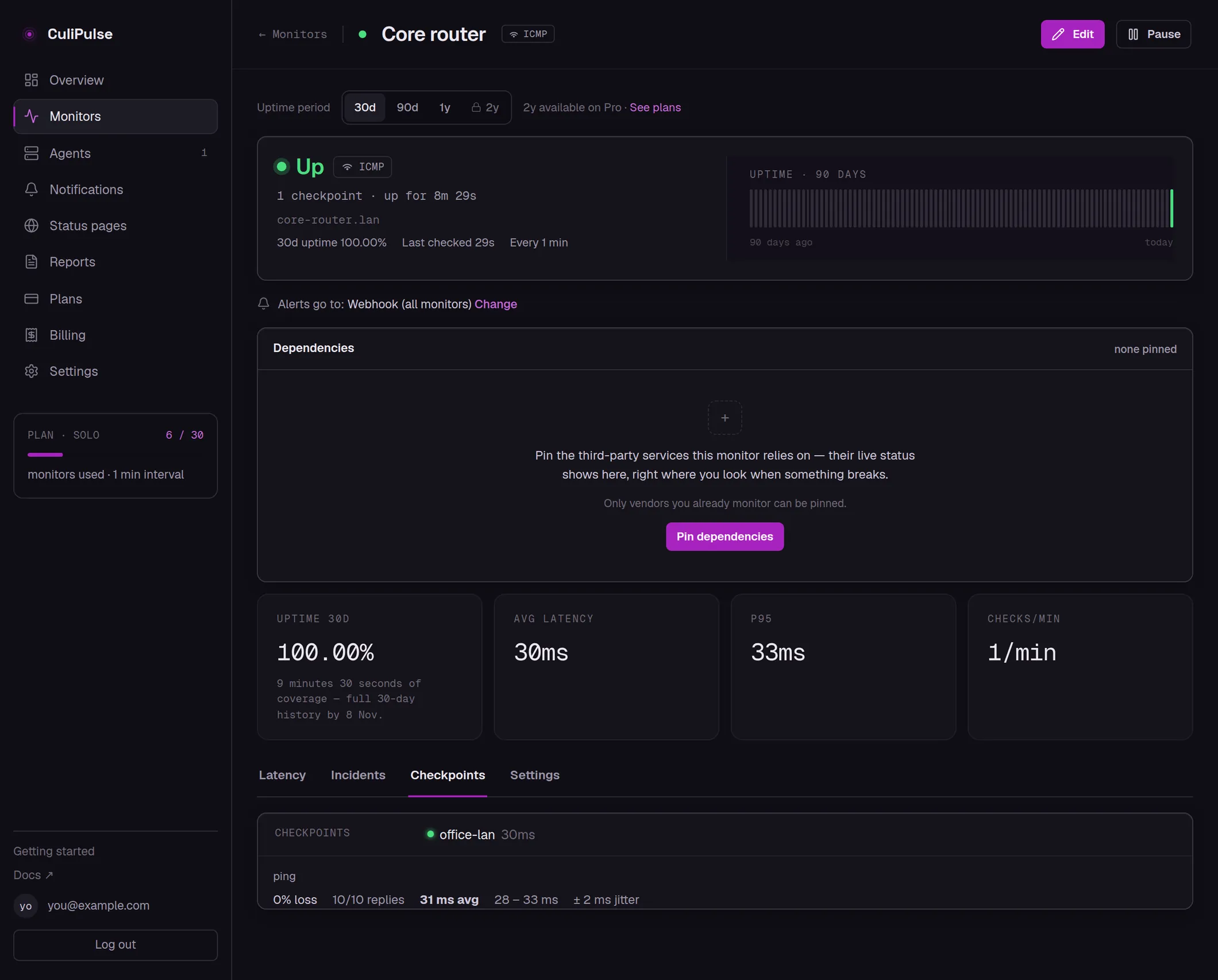 The real CuliPulse page for a ping monitor watching a test host on a private network