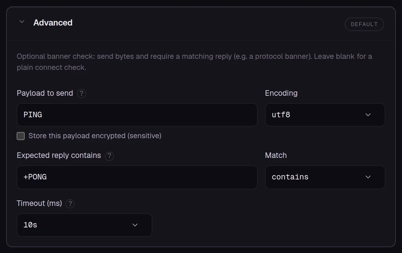 The real advanced settings of a Redis check: send PING, expect a reply that contains +PONG, within a 10-second timeout