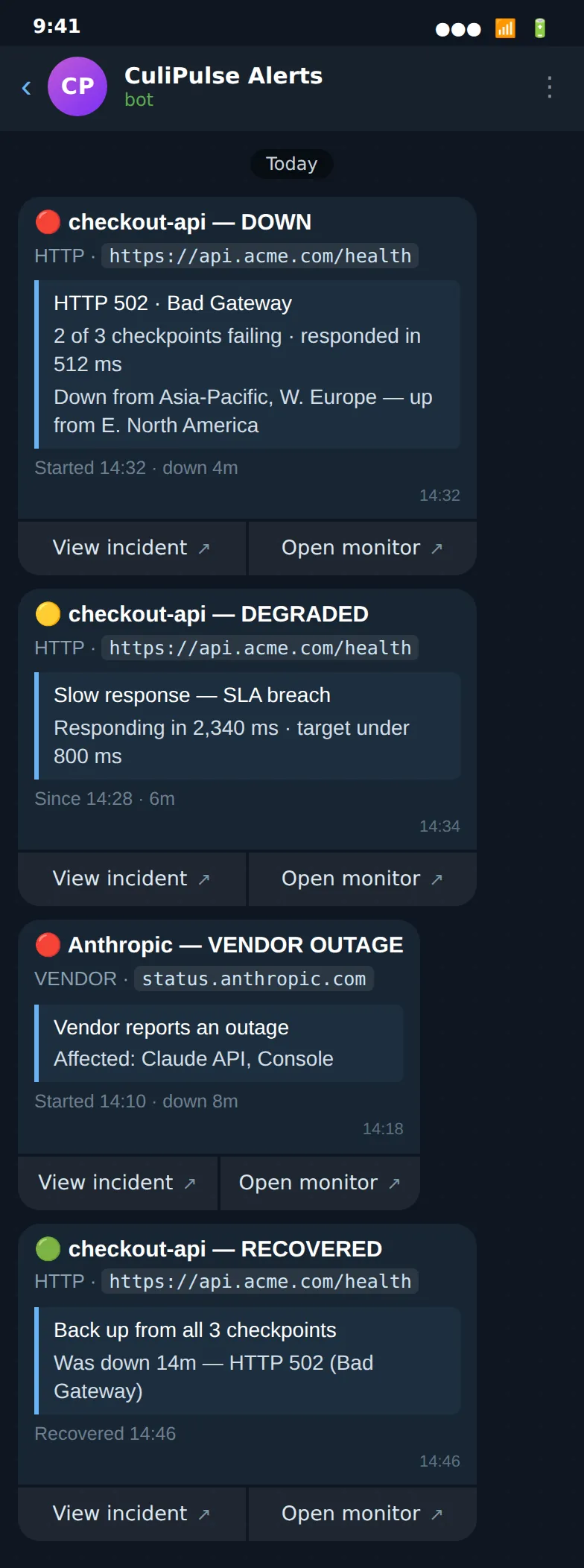 CuliPulse Telegram alerts on a phone