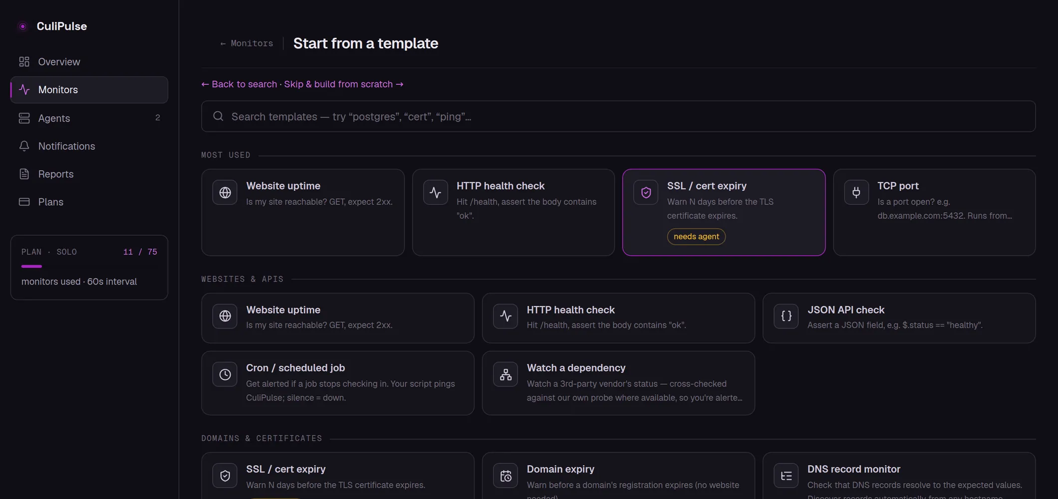 CuliPulse monitor templates — pick a check type or start from a preset