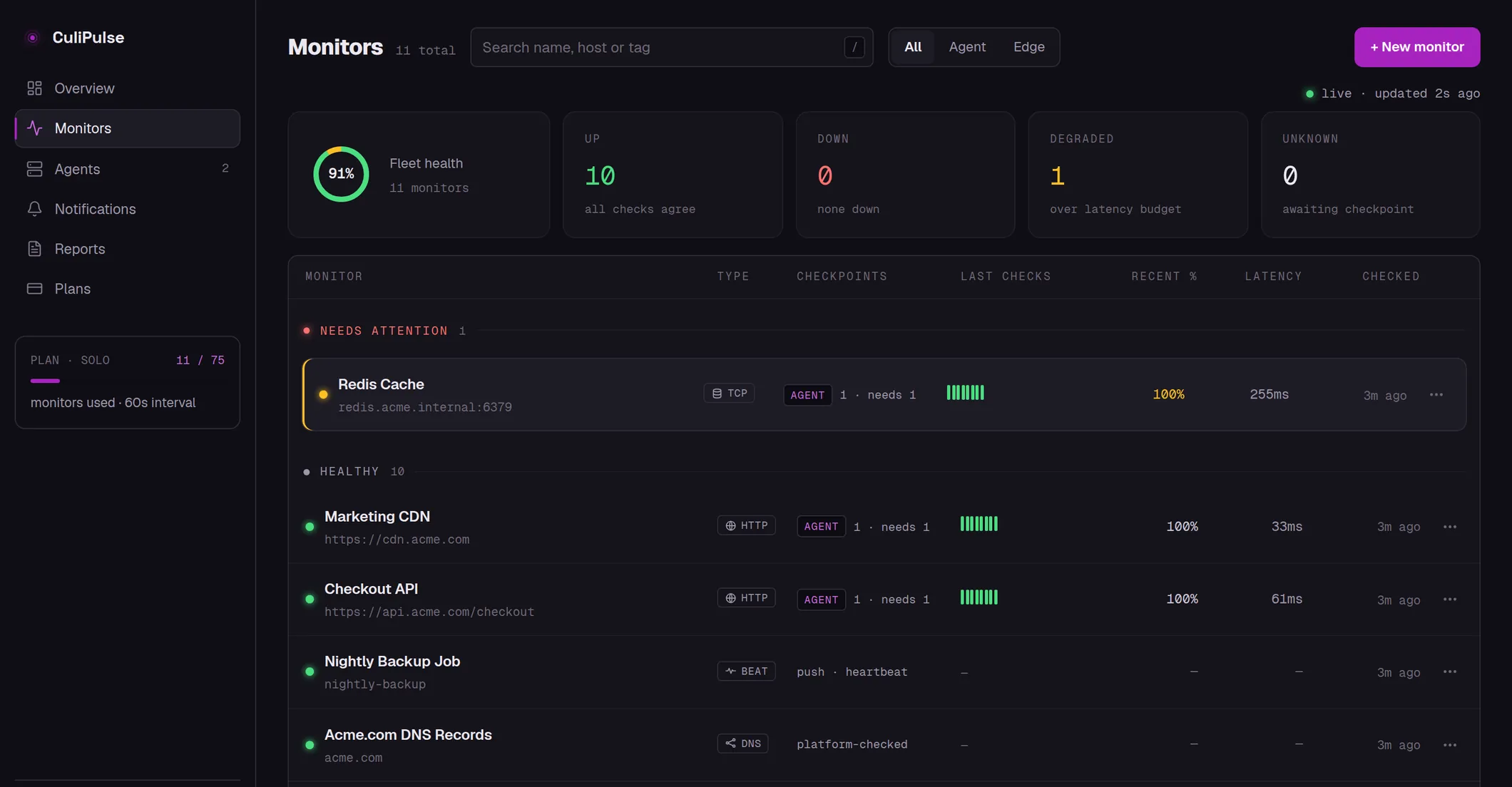CuliPulse monitors list — public sites and internal services side by side